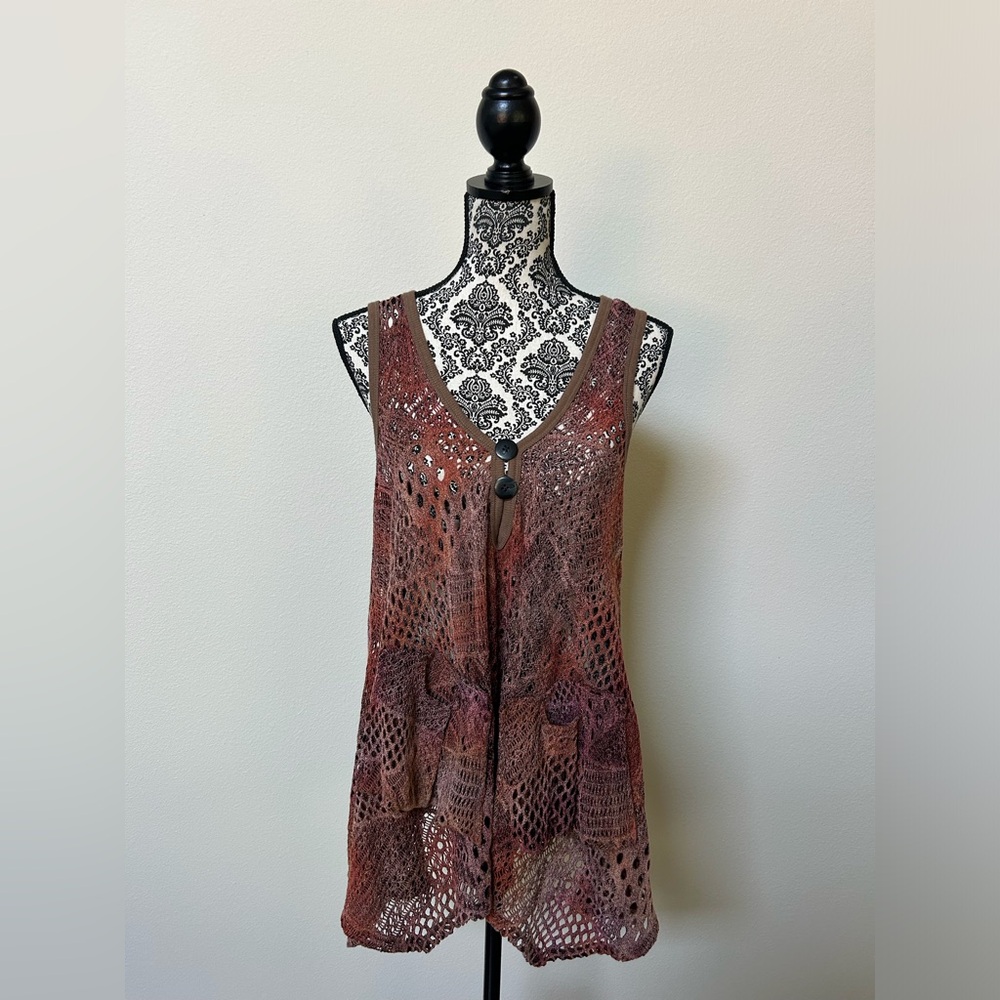Lily By Firmiana Women's Sleeveless Crochet Brown Vest Top L - Picture 2 of 6